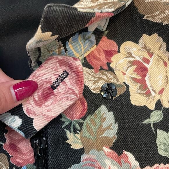 VTG TAPESTRY floral, denim collared, zip up bomber jacket pink black m - Picture 6 of 7